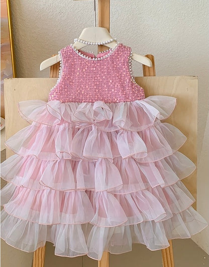 Pink Sequin & Ruffle Party Dress