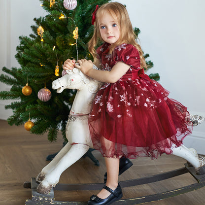 Christmas Party Girl Red Bead Print Princess Dress