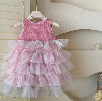 Pink Sequin & Ruffle Party Dress