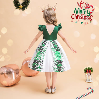Green and White Polka Dots Christmas Dress for Girls