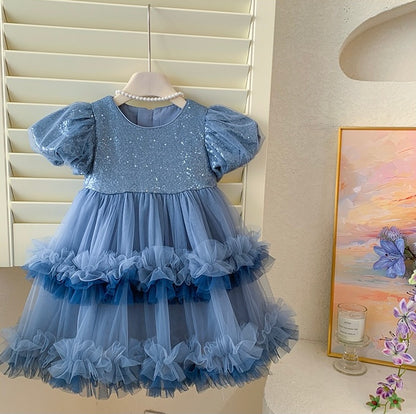 Blue Sparkle Tulle Dress with Puff Sleeves