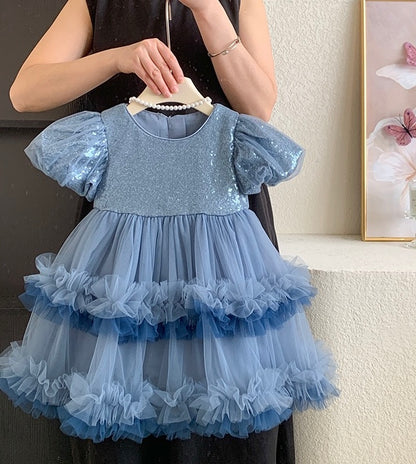 Blue Sparkle Tulle Dress with Puff Sleeves
