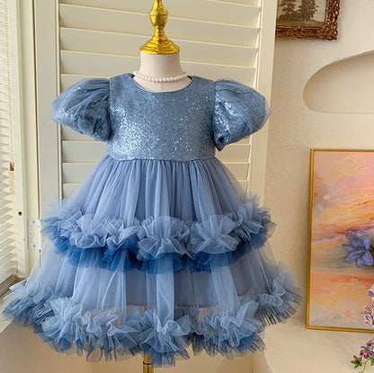 Blue Sparkle Tulle Dress with Puff Sleeves