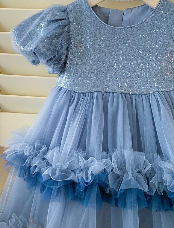 Blue Sparkle Tulle Dress with Puff Sleeves
