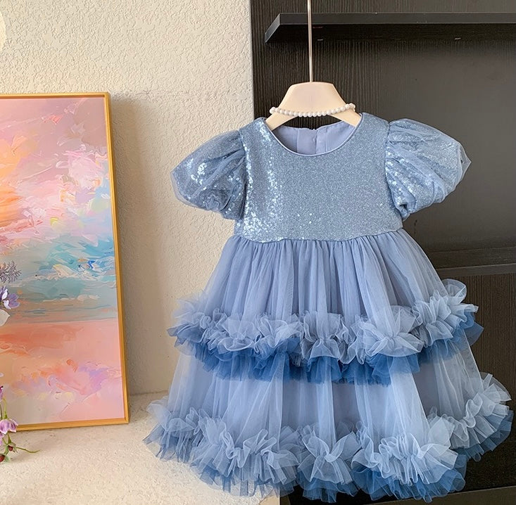 Blue Sparkle Tulle Dress with Puff Sleeves