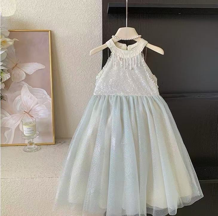 White Pearl Halter Tulle Dress