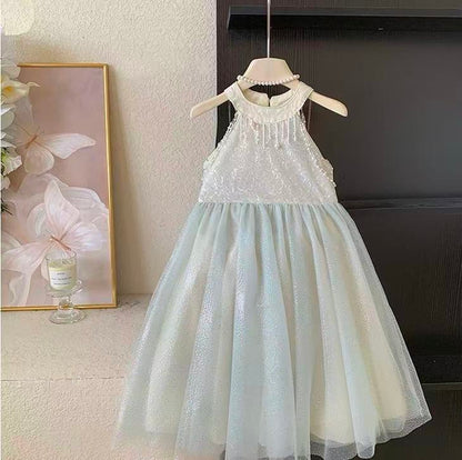 White Pearl Halter Tulle Dress