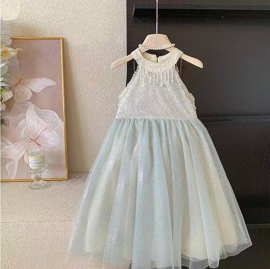 White Pearl Halter Tulle Dress