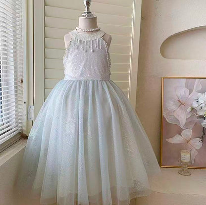 White Pearl Halter Tulle Dress