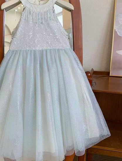 White Pearl Halter Tulle Dress
