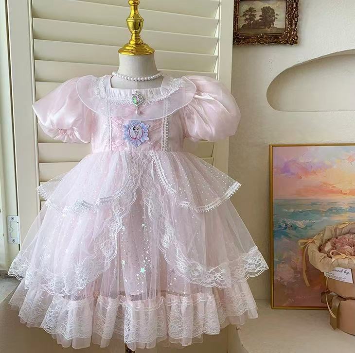 Pink Princess Gown with Puff Sleeves & Sparkle Train