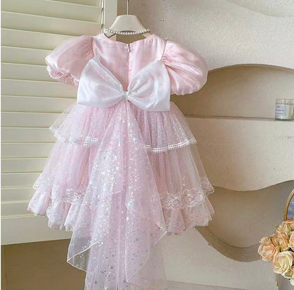Pink Princess Gown with Puff Sleeves & Sparkle Train