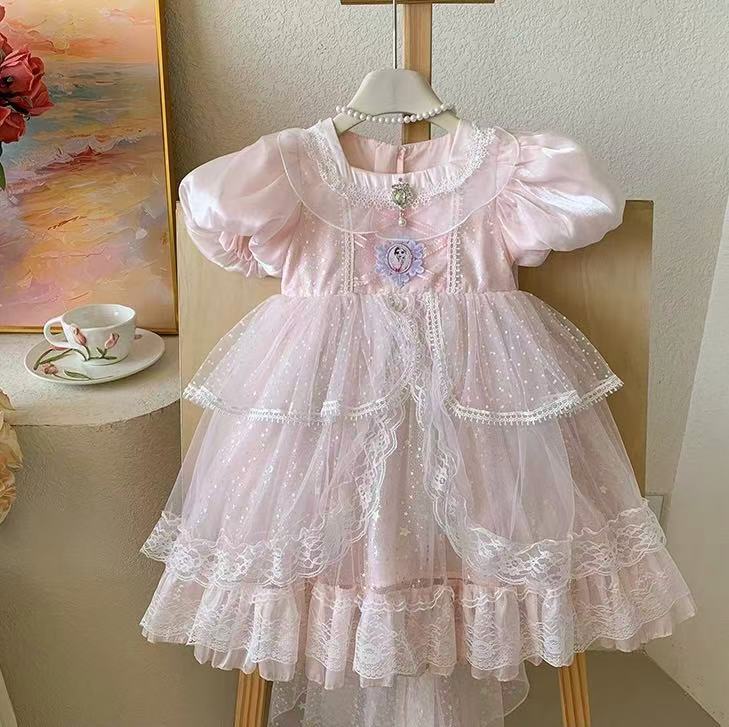 Pink Princess Gown with Puff Sleeves & Sparkle Train