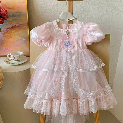 Pink Princess Gown with Puff Sleeves & Sparkle Train