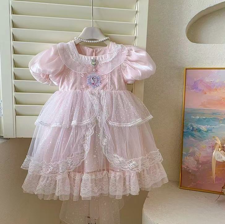 Pink Princess Gown with Puff Sleeves & Sparkle Train