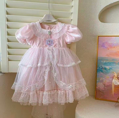 Pink Princess Gown with Puff Sleeves & Sparkle Train