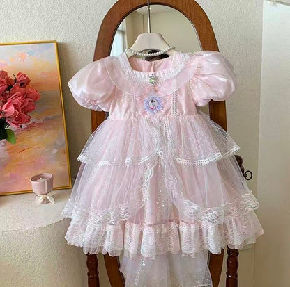 Pink Princess Gown with Puff Sleeves & Sparkle Train