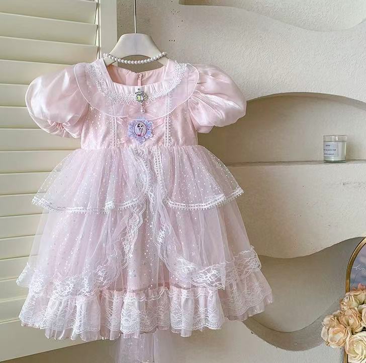 Pink Princess Gown with Puff Sleeves & Sparkle Train