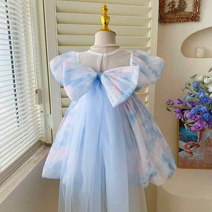 Pastel Cloud Puff Sleeve Dress with Giant Bow