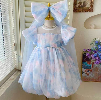 Pastel Cloud Puff Sleeve Dress with Giant Bow