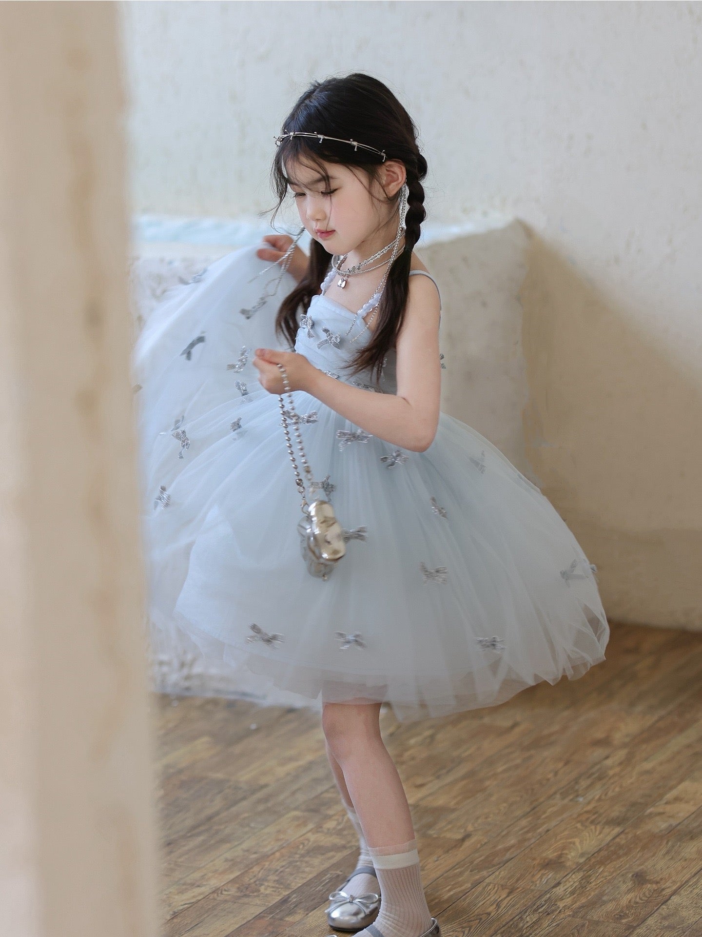 Light Blue Glitter Bow Tulle Dress
