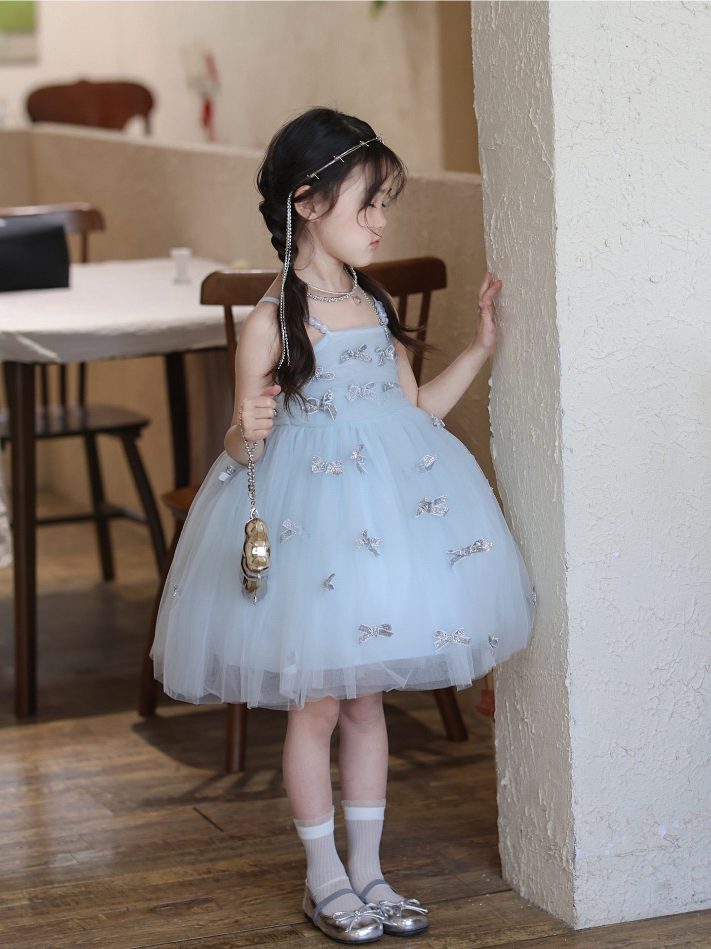 Light Blue Glitter Bow Tulle Dress