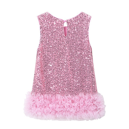 Pink Sequin Party Dress with Rosette Hem