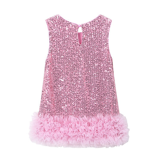 Pink Sequin Party Dress with Rosette Hem
