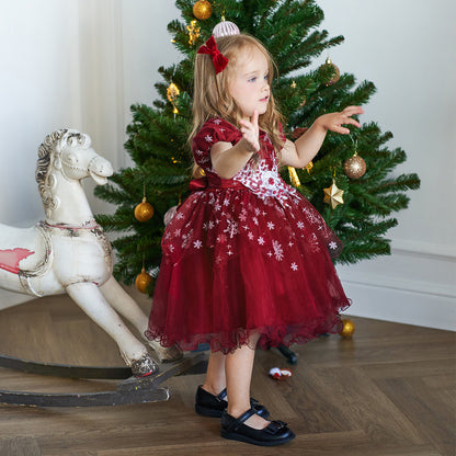 Christmas Party Girl Red Bead Print Princess Dress