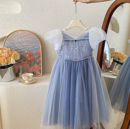 Blue Glitter Tulle Dress with Puff Sleeves