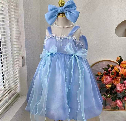 Sky Blue Fairy Ruffle Dress with Big Bow