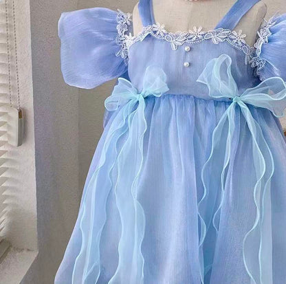 Sky Blue Fairy Ruffle Dress with Big Bow