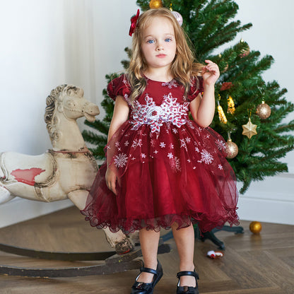 Christmas Party Girl Red Bead Print Princess Dress
