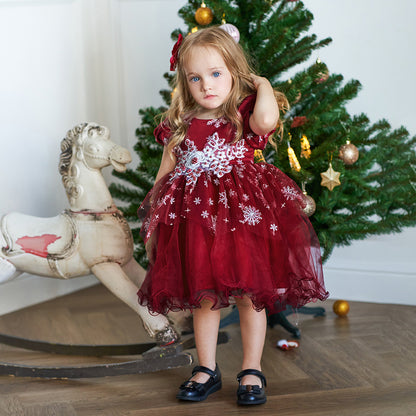 Christmas Party Girl Red Bead Print Princess Dress