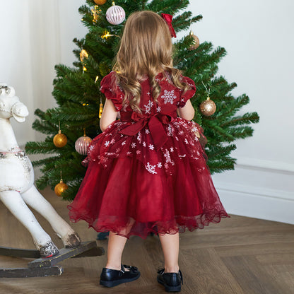 Christmas Party Girl Red Bead Print Princess Dress