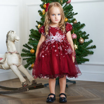 Christmas Party Girl Red Bead Print Princess Dress