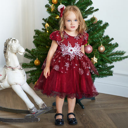 Christmas Party Girl Red Bead Print Princess Dress