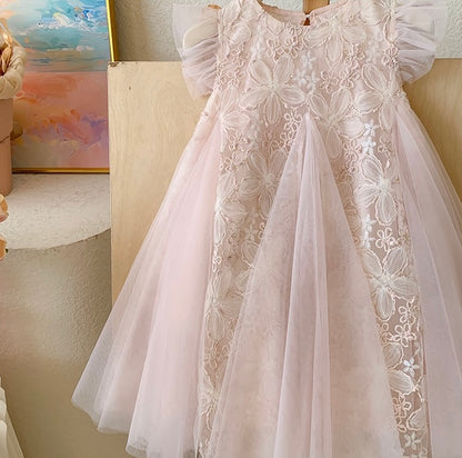 Blush Petal Lace Dress with Flutter Sleeves