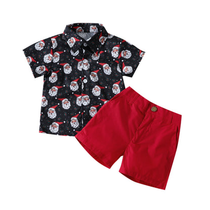 Santa Face Print Shirt and Red Shorts Holiday Set