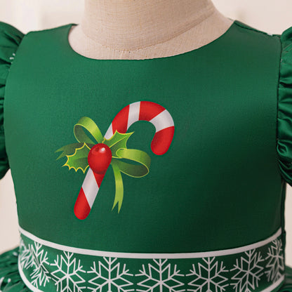 Festive Green Snowflake Dress with Candy Cane Accent