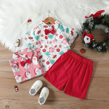 Santa Print Short-Sleeve Shirt and Shorts Set with Bow Tie