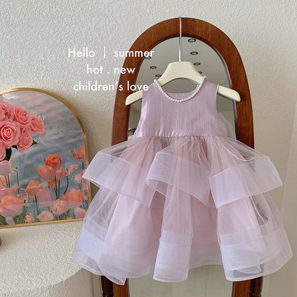 Pink Multi-Layer Girl Tulle Dress with Bow