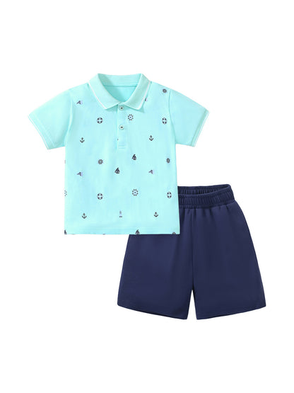 Aqua Polo Shirt and Navy Shorts Boy Set