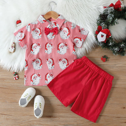 Santa Print Short-Sleeve Shirt and Shorts Set with Bow Tie
