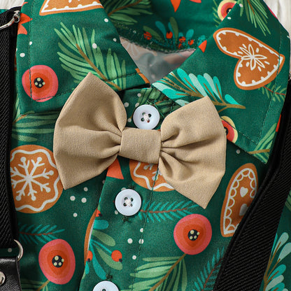 Holiday Floral Shirt with Bow Tie and Suspender Shorts Set