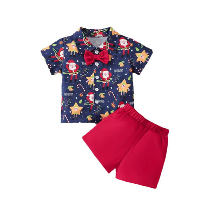 Festive Santa Print Polo and Red Shorts Set with Bow Tie