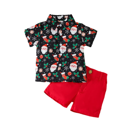 Festive Santa Print Shirt and  Shorts Set