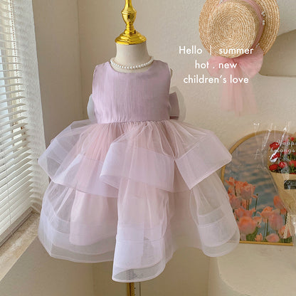 Pink Multi-Layer Girl Tulle Dress with Bow
