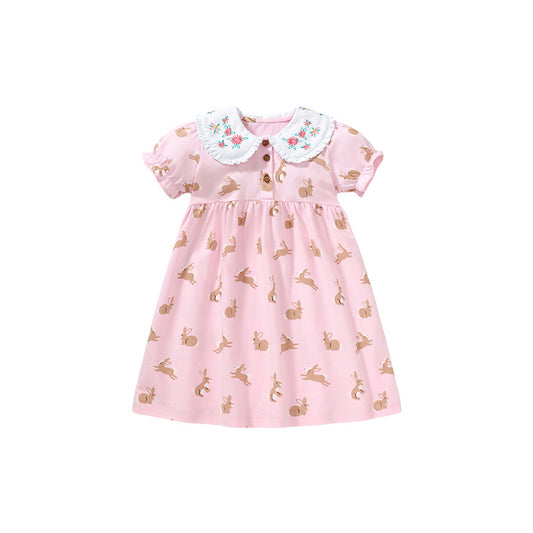 Pink Bunny Print Dress with Flower Collar