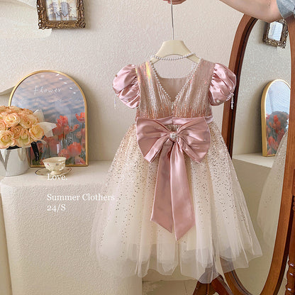 Blush Sparkle Bow Girl Puff Sleeve Party Dress